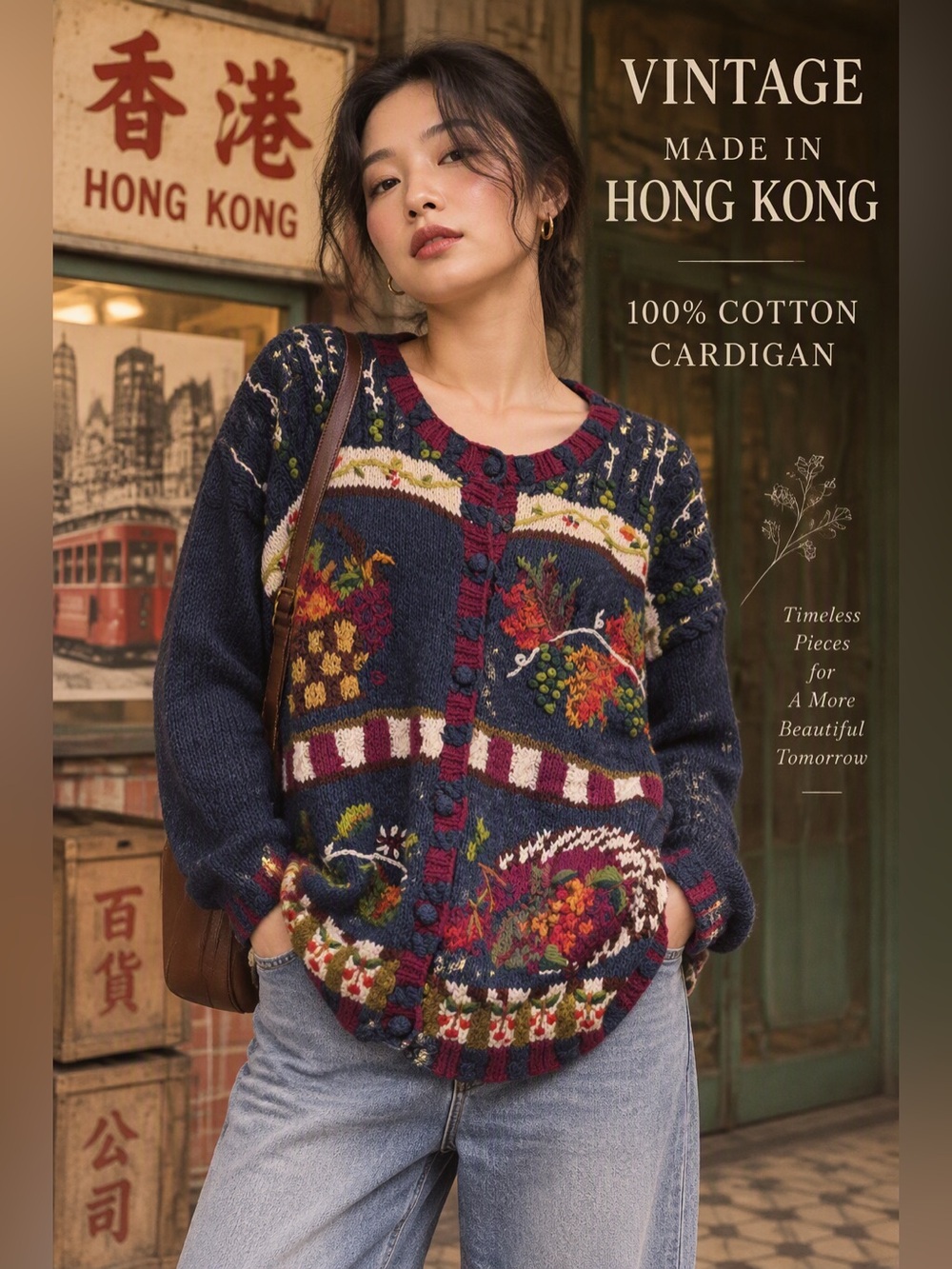 Vintage Hong Kong 100% Cotton Floral Knit Cardigan L Cottagecore Boho Sweater